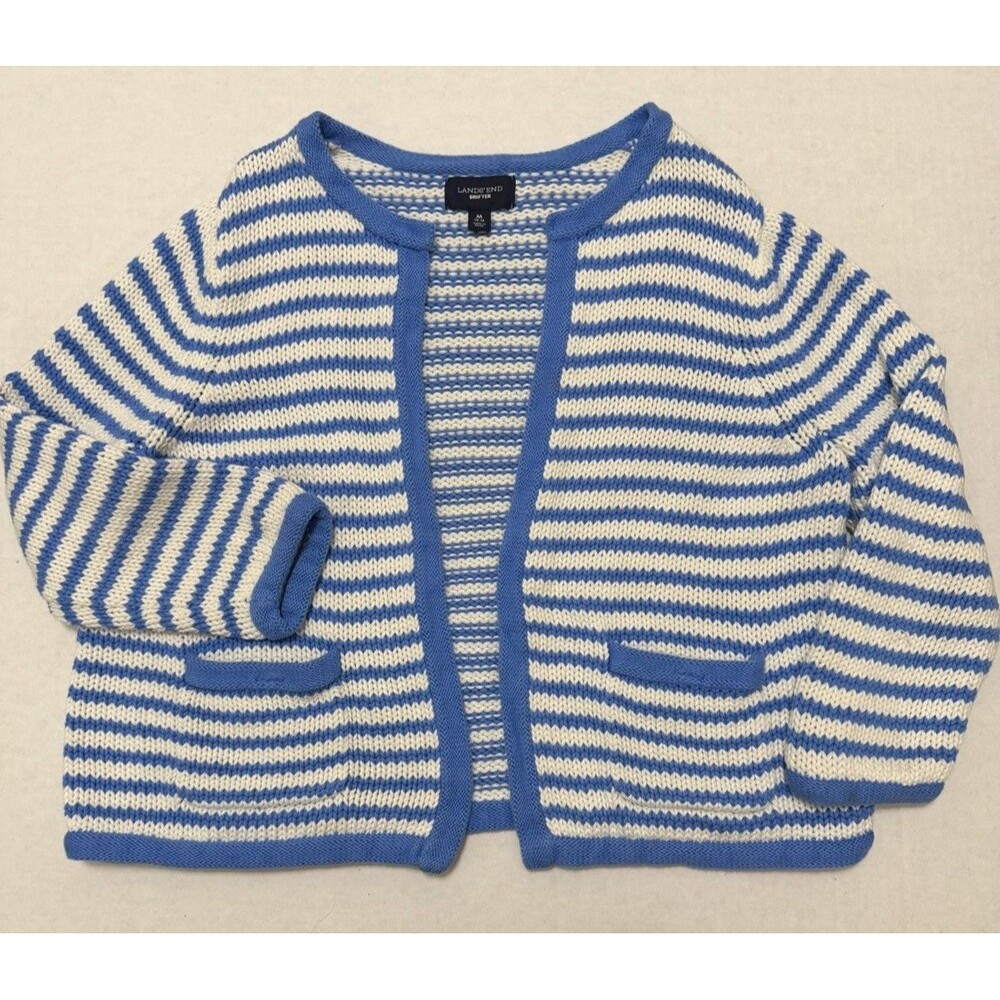 Lands' End Drifter Women’s Cotton Knit Striped Cardigan Sweater Nautical M Coast